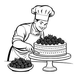 Bezaubernder Koch mit köstlicher Brombeertorte Ausmalbild für kleine Küchenzauberer