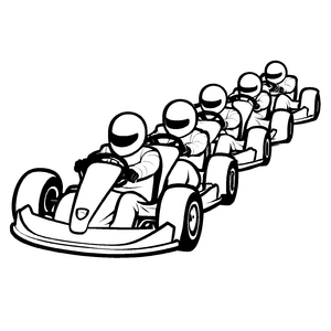 Sechs rasante Go-Karts im aufregenden Rennen Ausmalvorlage für kleine Geschwindigkeitszauberer