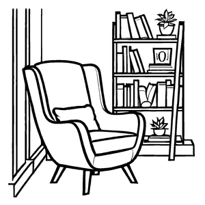 Komfortabler Ohrensessel neben Bücherregal Ausmalbild für wissbegierige Bücherwürmer