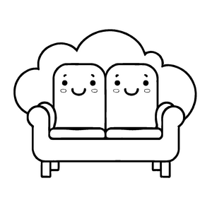 Fröhliches Zweisitzer-Sofa mit lachenden Gesichtern Ausmalbild für kleine Wohnabenteurer