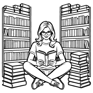 Faszination Bücherwelt mit lesender Frau und hohen Stacks Ausmalvorlage für staunende Lernfreunde