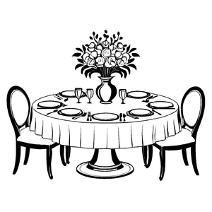 Eleganter runder Tisch mit Blumen und Gläsern Ausmalmotiv für träumerische Entdecker und kleine Gestaltungskünstler