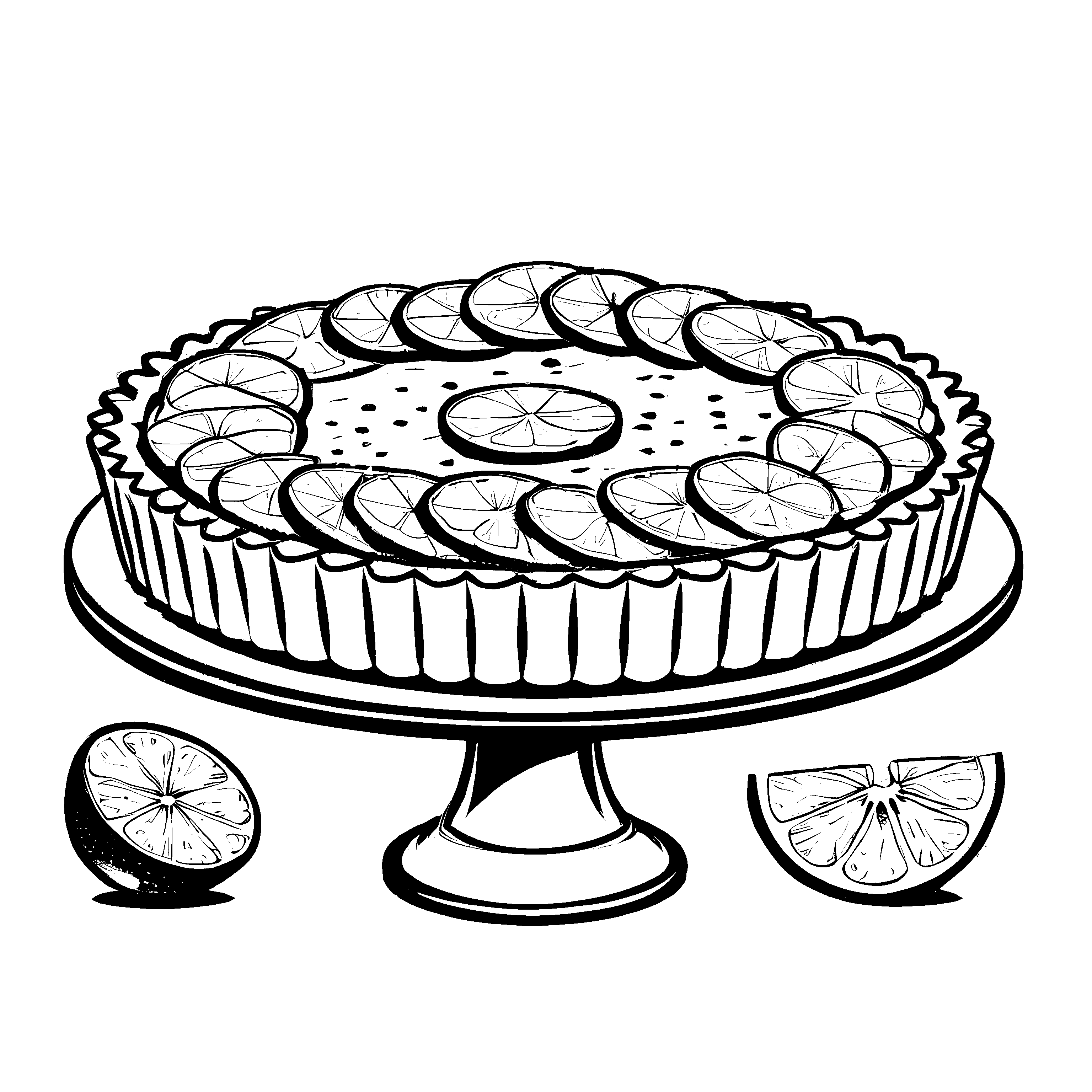 Fröhliche Limetten und köstlicher Obstkuchen Ausmalbild für kleine Genussentdecker