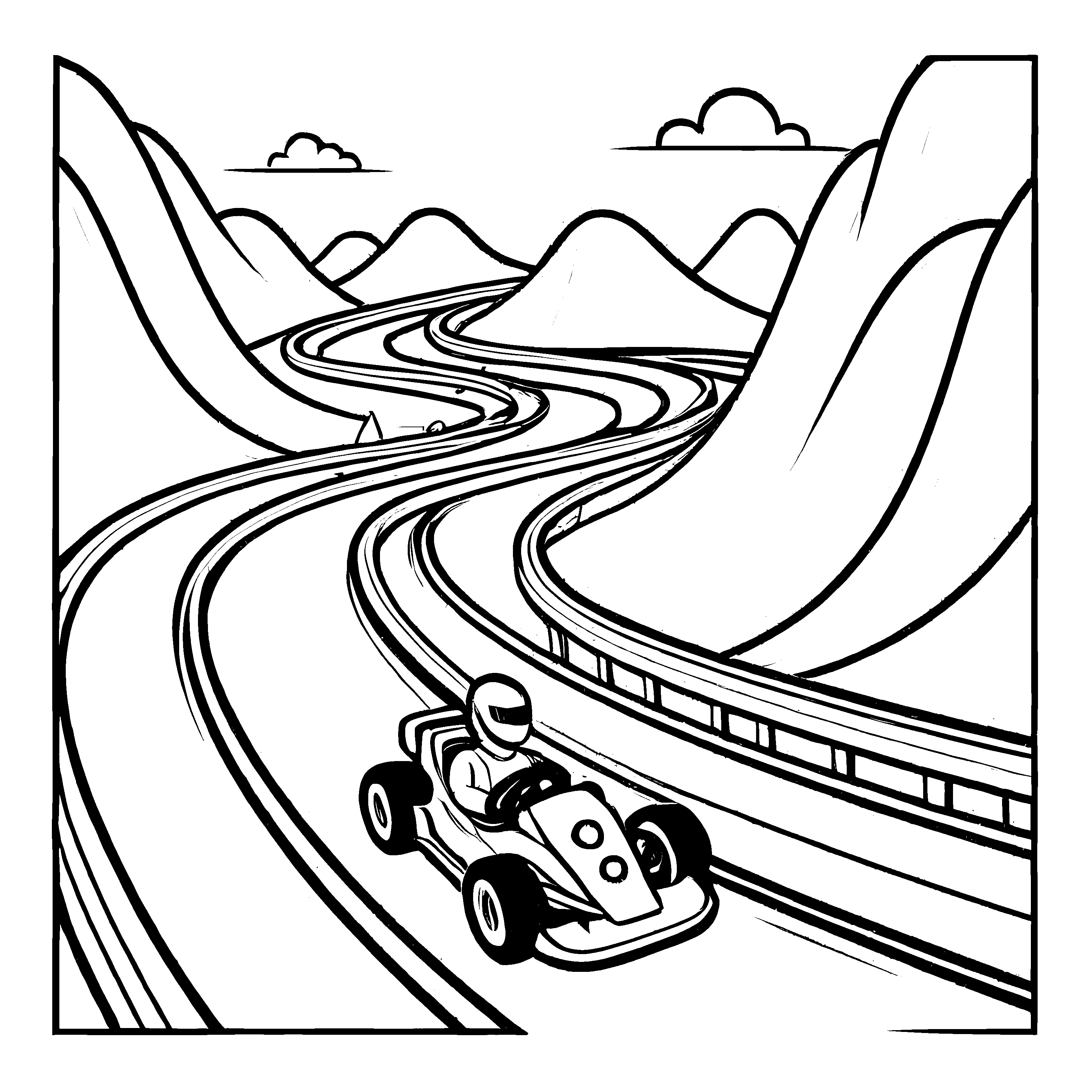 Dynamisches Go-Kart auf kurvenreicher Strecke Malvorlage für abenteuerlustige Geschwindigkeitsliebhaber