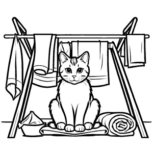 Verspielte Katze unter der Wäschestange mit kuscheligen Handtüchern Ausmalbild für träumerische kleine Kunstfreunde