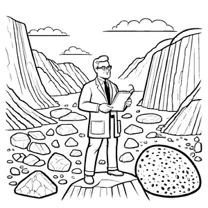 Faszinierender Geologe mit Buch auf großem Felsen Ausmalvorlage für junge Entdecker mit Forschergeist
