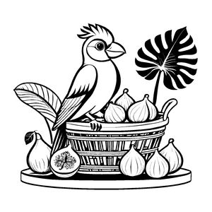 Bunte Feige mit fröhlichem Vogel im Korb Ausmalbild für kreative Entdecker