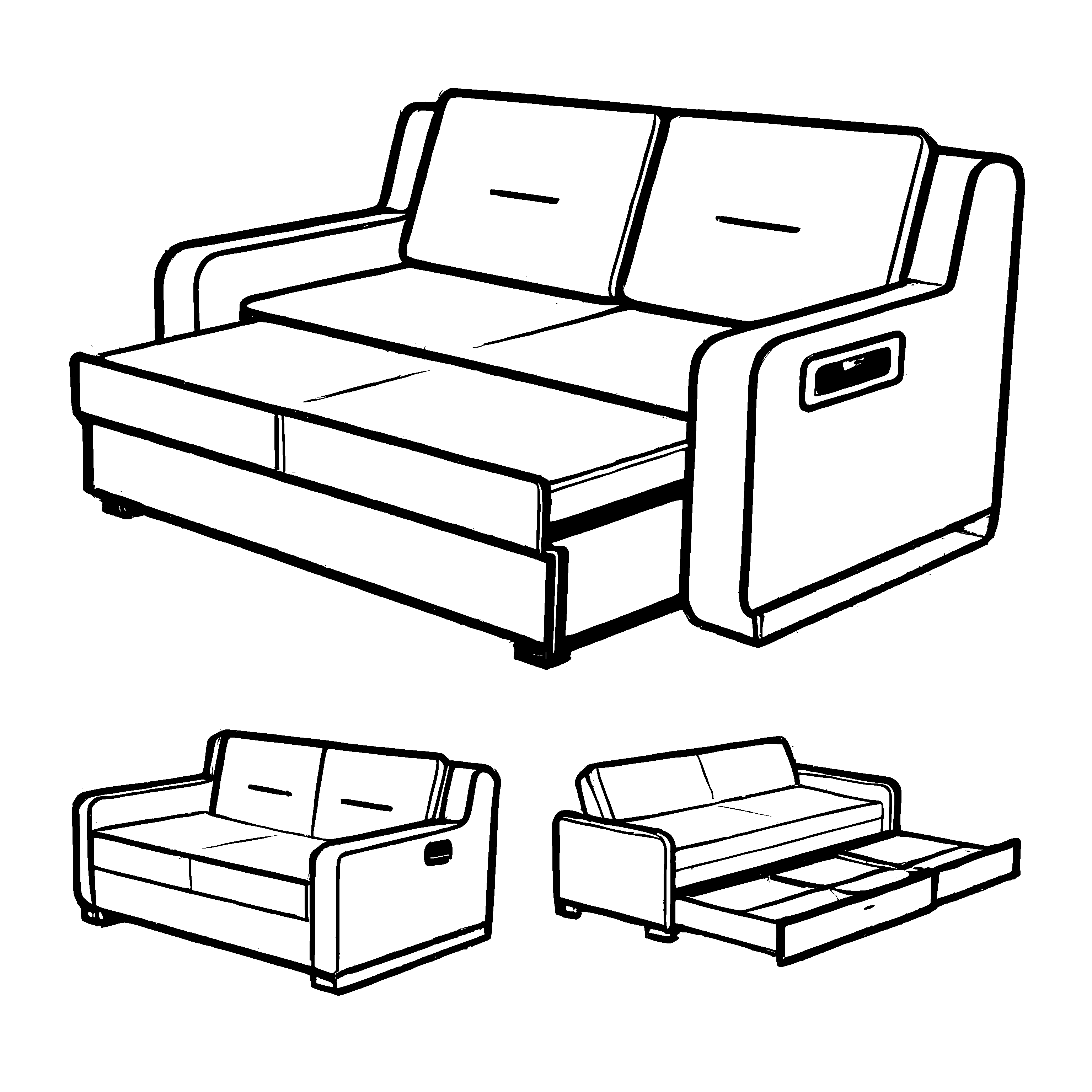Drei bezaubernde Schlafsofas in verschiedenen Winkeln Ausmalbild für neugierige Einrichtungsfreunde