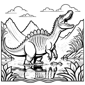 Spinosaurus im plätschernden Wasser mit üppigen Pflanzen Ausmalmotiv für fantasievolle Dino-Fans