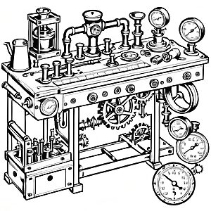 Komplexe Maschine mit Zahnrädern und Uhren Ausmalvorlage für kleine Technik-Fans