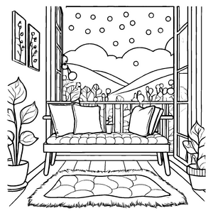 Bequeme Couch mit Kissen auf traumhaftem Balkon Ausmalbild für fantasievolle Nächte unter den Sternen