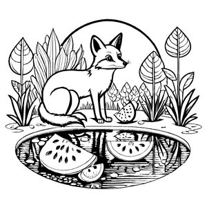 Schlauer Fuchs neben köstlicher Wassermelone Ausmalvorlage für abenteuerlustige Fruitschmecker