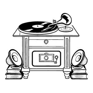 Faszinierender Vintage-Tisch mit Schallplattenspieler und Büchern Ausmalvorlage für junge Retro-Fans