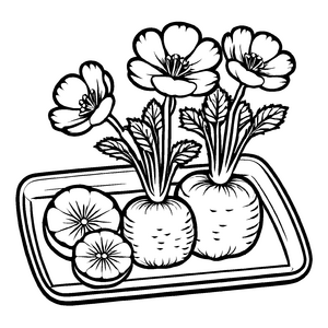 Kreative Daikon-Rettiche im bunten Gemüsekunstwerk Ausmalvorlage für neugierige Pflanzenforscher