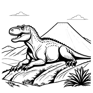 Entspannter Albertosaurus vor majestätischen Bergen Ausmalvorlage für kleine Geschichtenerzähler