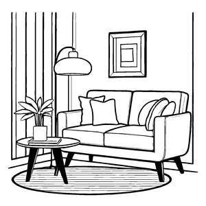 Stylisches Sofa mit einem Tisch und Pflanze Ausmalbild für fantasievolle Raumeinrichter