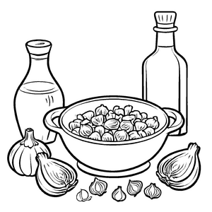 Kreativer Rosenkohl-Genuss neben würzigem Knoblauch Ausmalvorlage für kleine Küchenforscher
