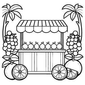 Lebhafter Obststand mit vielen saftigen Grapefruits Ausmalmotiv für abenteuerliche Fruchtentdecker