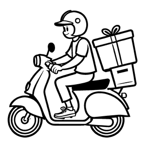 Schnelles Moped mit Paket und buntem Schleifen-Motiv Malvorlage für kleine Lieferhelden auf zwei Rädern