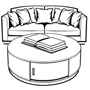 Kreativer Couchtisch mit Büchern und Kissen Ausmalvorlage für phantasievolle Entdecker voller Ideen