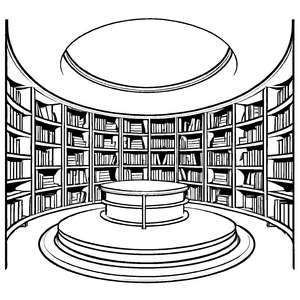 Kreativer Lesetempel mit runden Tischen und Regalen Ausmalvorlage für neugierige Entdecker der Bücherwelten