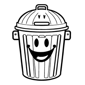 Fröhliche Mülltonne mit strahlendem Lächeln und funkelnden Sternen Ausmalbild für kleine Recycling-Abenteurer