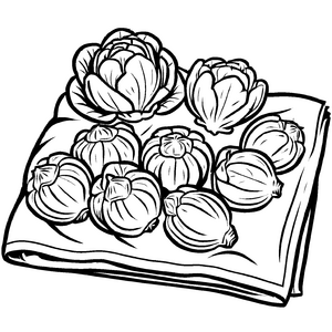 Witziger Rosenkohl mit knusprigem Knoblauch Ausmalmotiv für kleine Küchenabenteurer