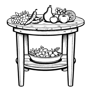 Fröhlicher runder Tisch mit buntem Obst und Gemüse Ausmalbild für kleine Küchenchefs und abenteuerlustige Malfreunde