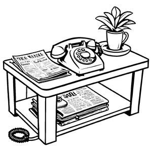 Kreativer Couchtisch mit Telefon und fröhlicher Pflanze Malvorlage für junge Meister der Wohnraumgestaltung und fantasievolle Märchenerzähler