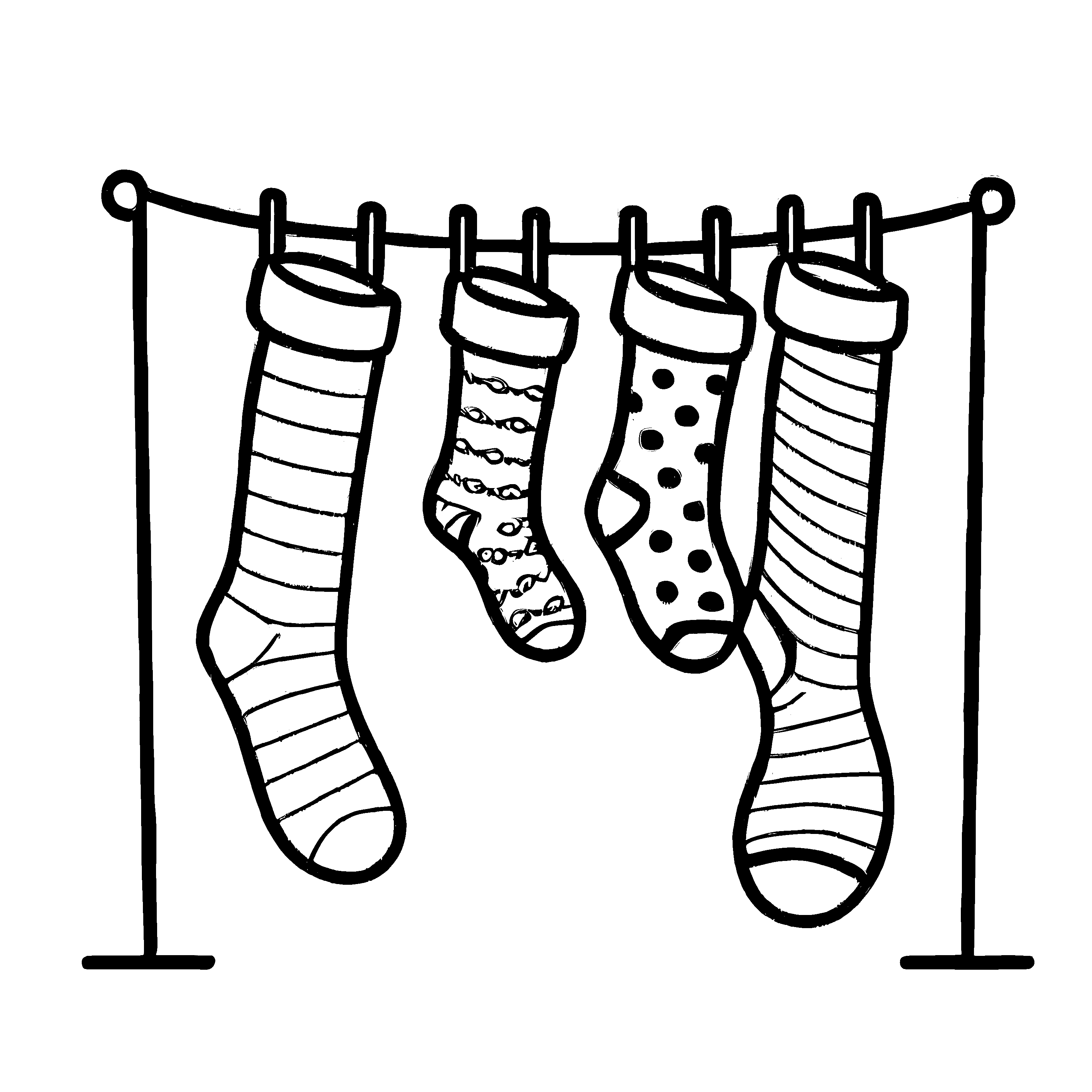 Acht bunte Herrensocken an der Wäscheleine Ausmalvorlage für kleine Modezauberer