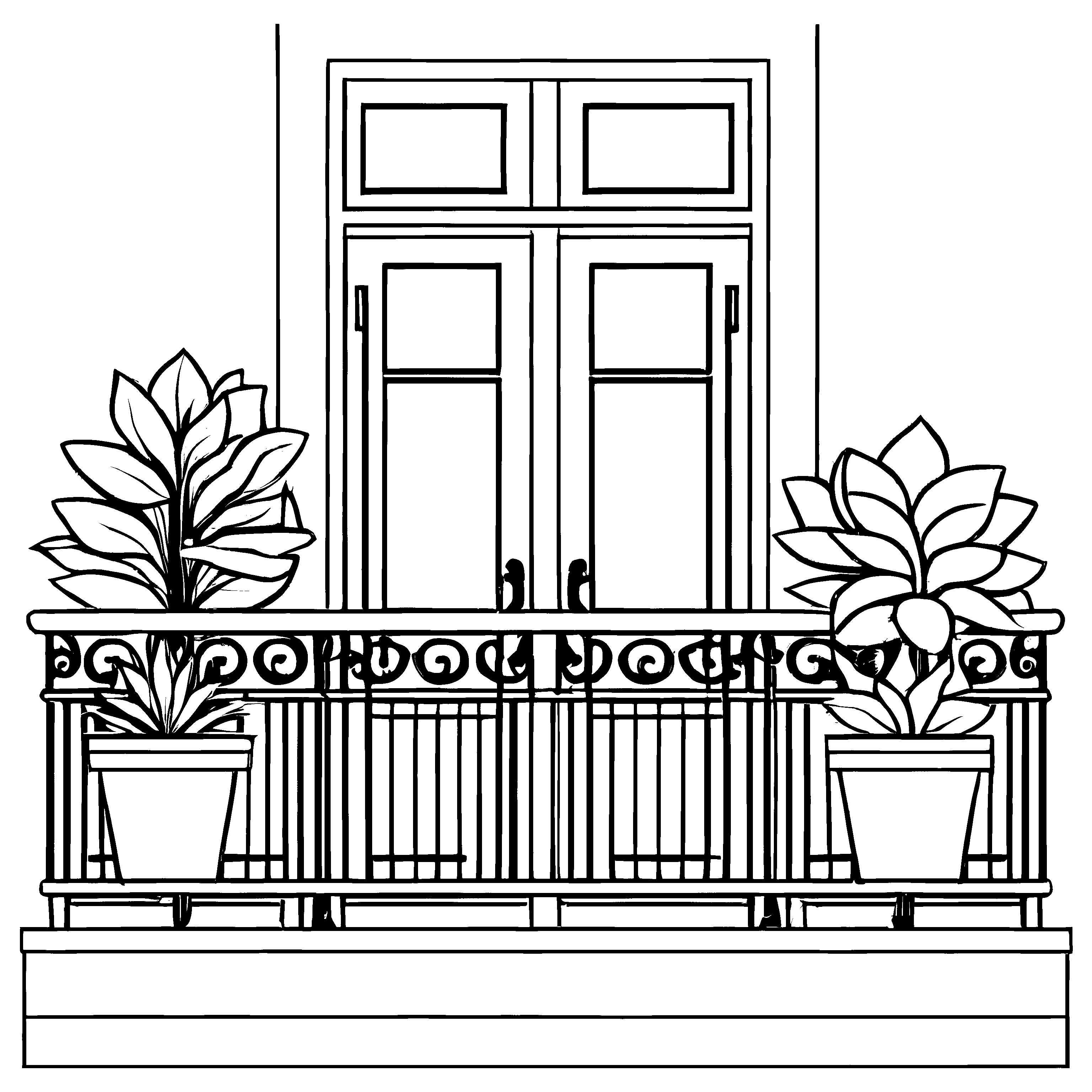 Blumiger Balkon mit zauberhaften Pflanzen und Balustrade Ausmalbild für fantasievolle Balkonliebhaber
