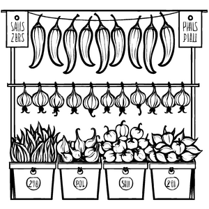 Lebendiger Gemüsemarkt mit bunten Paprika und Zwiebeln Ausmalmotiv für neugierige kleine Gemüseliebhaber