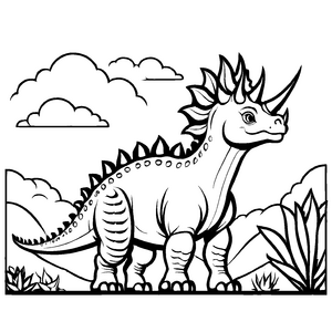 Beeindruckender Styracosaurus unter einem großen Baum Ausmalbild für fantasievolle Dino-Entdecker