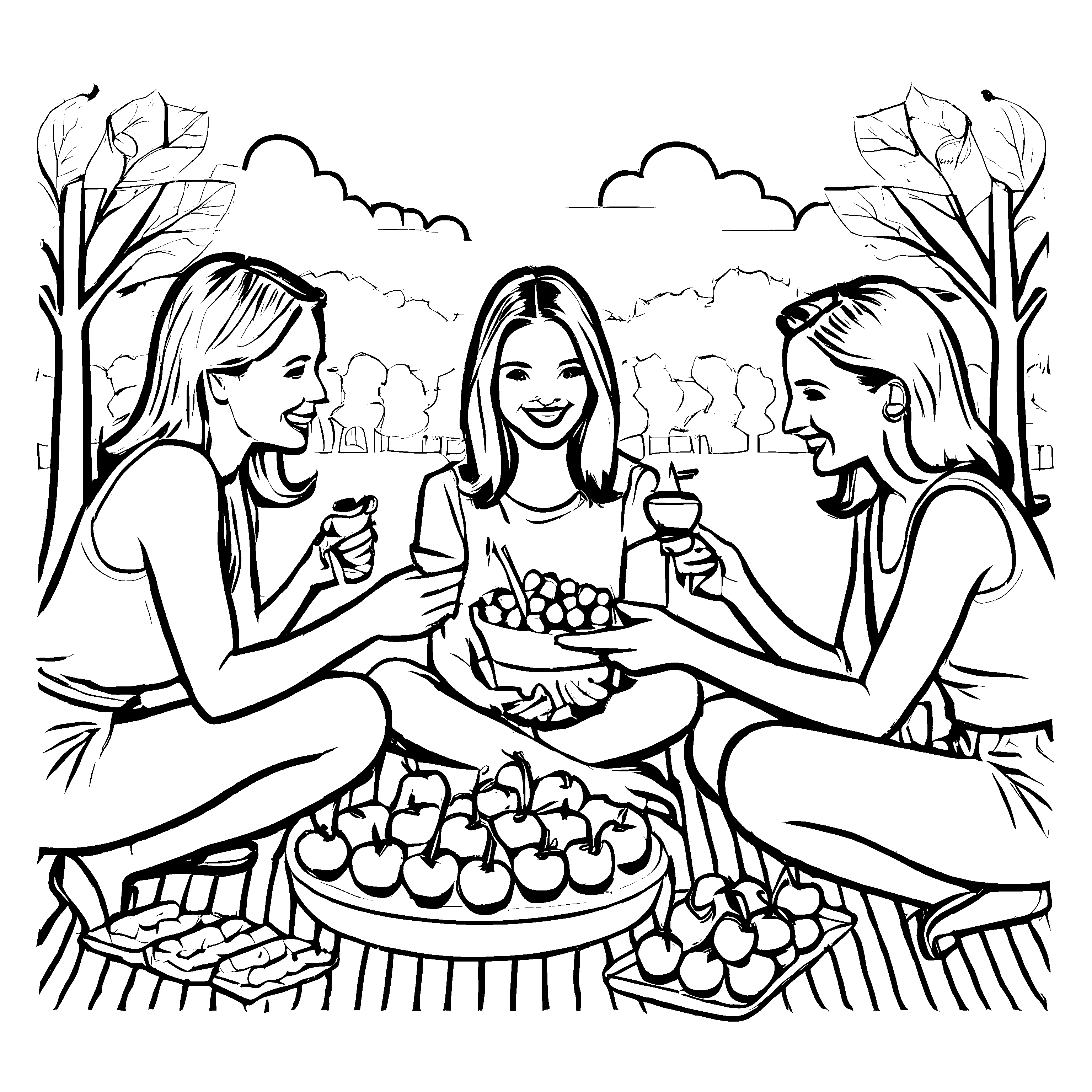 Dreifaches Picknick mit frischen Äpfeln und Physalis Ausmalbild für abenteuerliche Entdecker