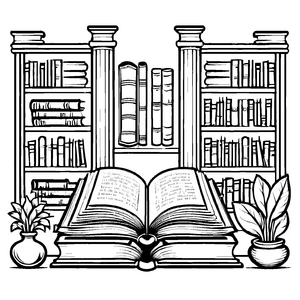 Spannende Bücherregale mit Pflanzen und offenen Geschichten Ausmalbild für kreative Wissensentdecker