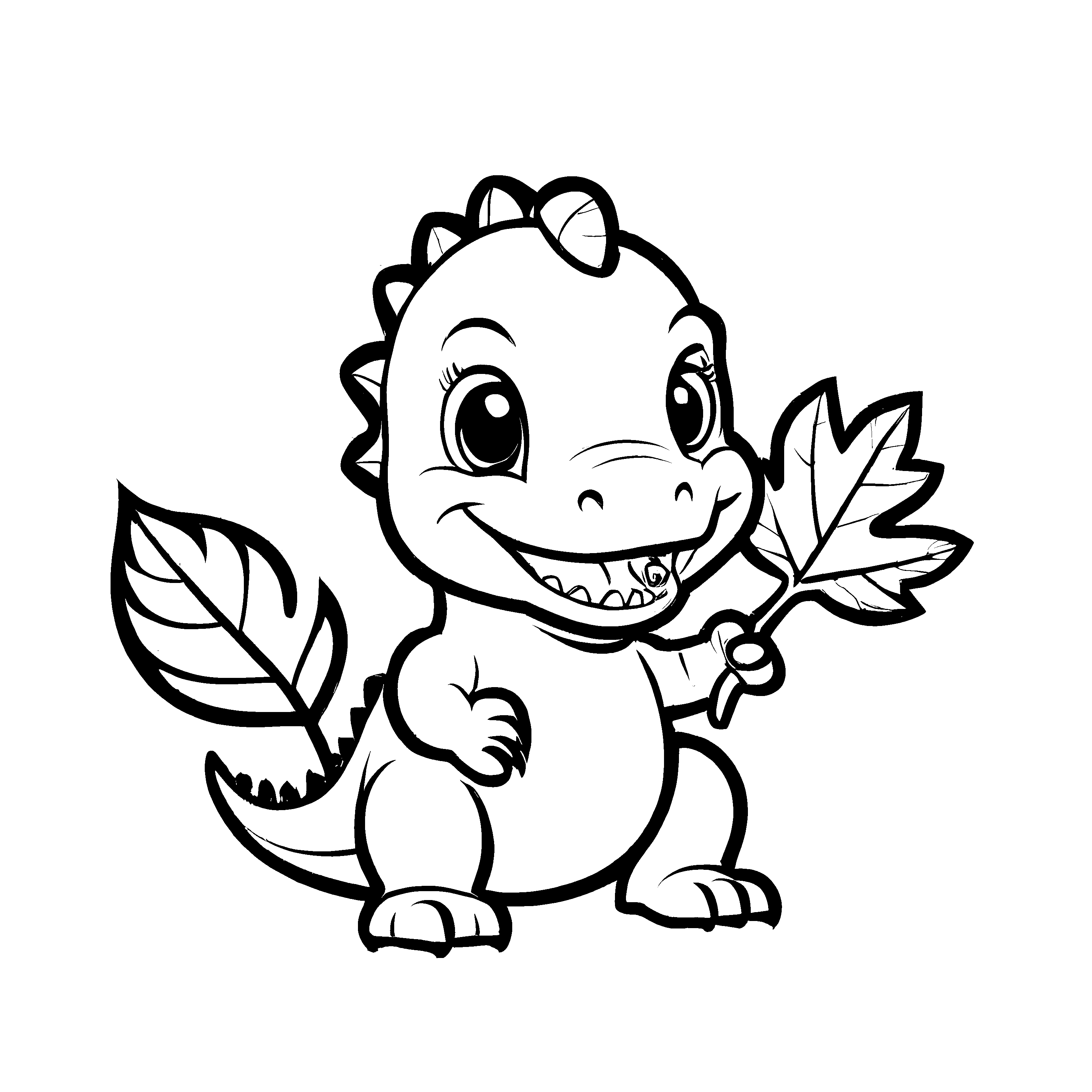 Fröhlicher Tyrannosaurus Rex mit buntem Blatt Ausmalbild für fröhliche Entdeckerherzen
