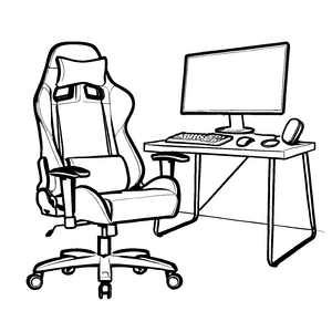 Dynamischer Gaming-Stuhl mit schickem Gaming-Setup Malvorlage für abenteuerlustige Strategen und fantasievolle Spieler