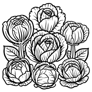 Sechs elegante Blumen in Schwarz-Weiß Ausmalbild für fantasievolle Pflanzenliebhaber