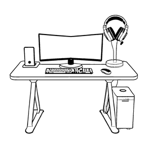 Informativer Gaming-Tisch mit Monitor und Tastatur Malvorlage für neugierige Technikfüchse