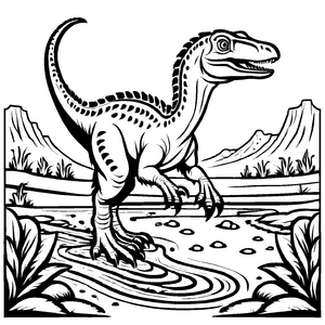 Einzigartiger Deinonychus in klarer Wasserlandschaft Ausmalvorlage für kleine Zeitreisende