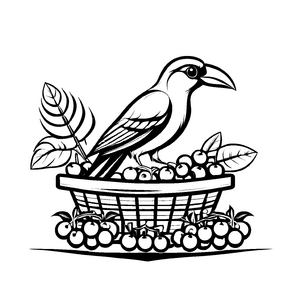 Vogelfreund auf fülligem Obstkorb Malvorlage für kleine Naturentdecker