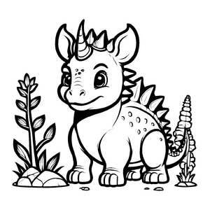 Freundlicher Styracosaurus im bunten Pflanzenfeld Ausmalbild für neugierige Zeichner