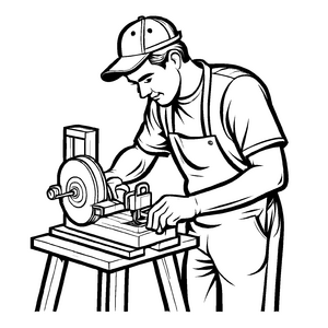 Kreativer Handwerker beim Sägen von Holz Ausmalmotiv für fantasievolle Tüftler
