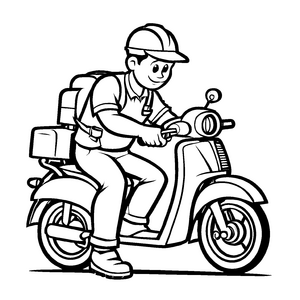 Klassisches Moped mit sicherem Fahrer und aufregendem Stadtblick Ausmalmotiv für junge Verkehrsabenteurer auf zwei Rädern