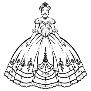 Prächtiges Ballkleid mit funkelnden Verzierungen Ausmalbild für elegante Trendsetterinnen