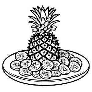 Fröhliche Ananas auf einem bunten Obstteller Ausmalvorlage für kleine Fruchtliebhaber