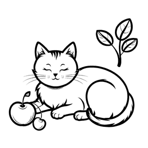 Flauschige Katze mit frischem Apfel und grünen Blättern Ausmalvorlage für fantasievolle Tierfreunde