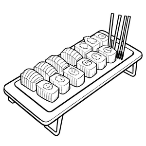 Leckeres Sushi-Tray mit Stäbchen malerisches Motiv für kleine Feinschmecker auf Genussreise