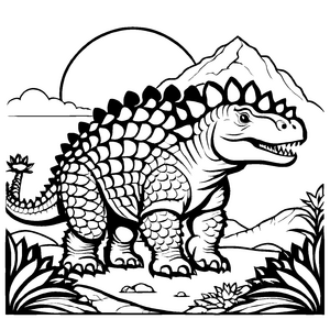 Spaßiger Ankylosaurus vor majestätischem Berg Ausmalvorlage für kleine Entdecker mit großen Träumen