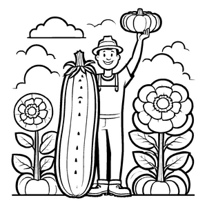 Große Zucchini unter bunten Blumen Ausmalvorlage für begeisterte Gartenforscher
